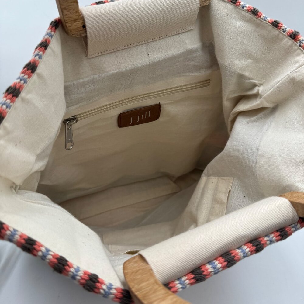J Jill Multicolored Woven Cotton Tote Bag with Wood Handles Boho bohemian summer - Picture 13 of 15